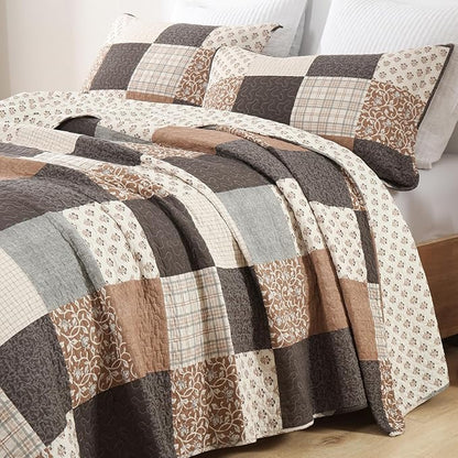 100% Cotton Quilt Set King Size - Plaid Quilted Comforter, Patchwork Reversible King Quilt Bedspread, Modern Farmhouse Lightweight Bedding for King Bed, 3pcs, Beige/Brown/Gray