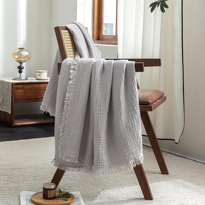 FOSSA Muslin Blanket with Fringe - 4-Layer 100% Cotton Gauze Super Soft & Breathable Throw -Lightweight Decorative Cooling Blanket for Bed, Sofa, Office -Twin XL Size 90" x 66" (Grayish)