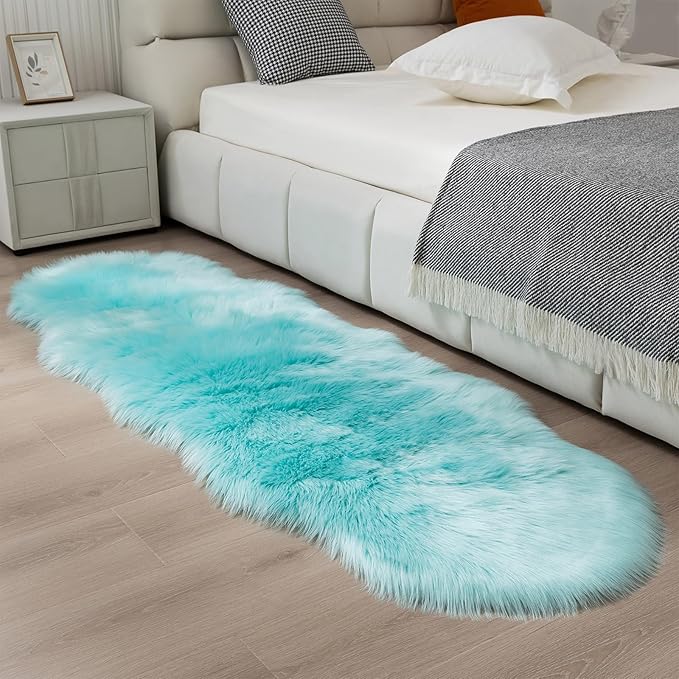 Faux Fur Rug Runner 2x6 ft Blue - Machine Washable Super Soft Plush Shaggy Fluffy Area Carpet,Sheepskin Rug Fuzzy Floor Mat for Bedroom, Sofa,Living Room, Bedside, Nursery & Kids Room