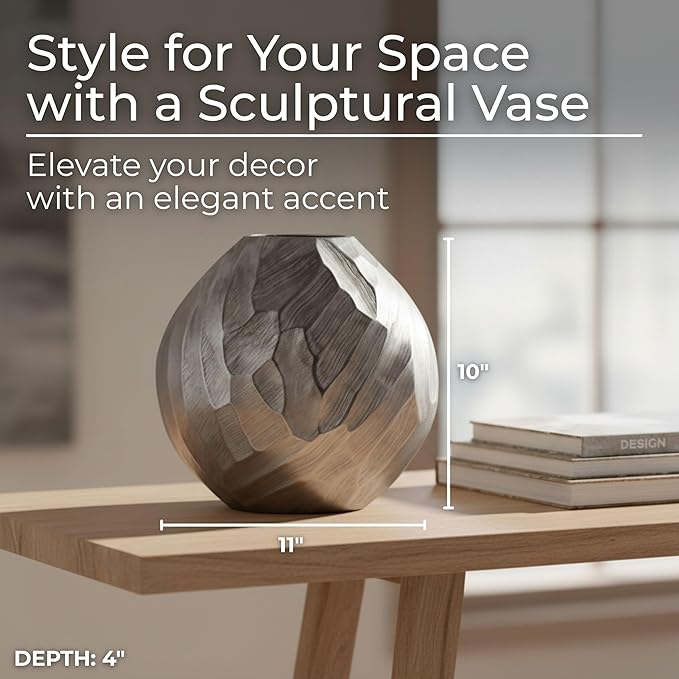 Flower Vase for Home Decor – Modern Hammered Metal Accent, Decorative Centerpiece for Floral Arrangements on Dining Table, Coffee Table, or Office, Stylish Home Accessories – 10", Silver