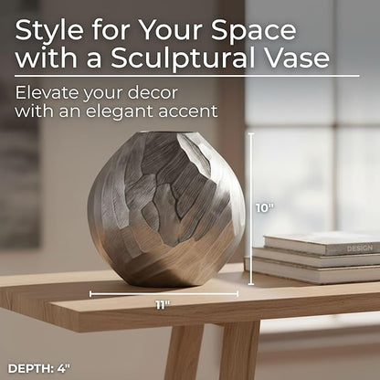 Flower Vase for Home Decor – Modern Hammered Metal Accent, Decorative Centerpiece for Floral Arrangements on Dining Table, Coffee Table, or Office, Stylish Home Accessories – 10", Silver