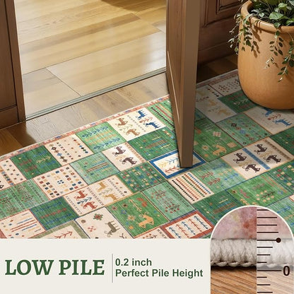 Tangsoo 3x5 Washable Rug, Vintage Throw Rugs Non Slip, Soft Low Pile Floor Rug Tribal Indoor Area Rugs Carpet for Living Room Bedroom Office Laundry Bedside Entrance Entryway Farmhouse(Green Beige)