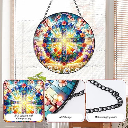 Rngmsi Stained Glass Window Hanging, 7.8″ Cross and Flower Sun Catchers with Hook Indoor Window Decor, Decorative Suncatchers Hanging Ornaments Home Garden Art Gift for Housewarming