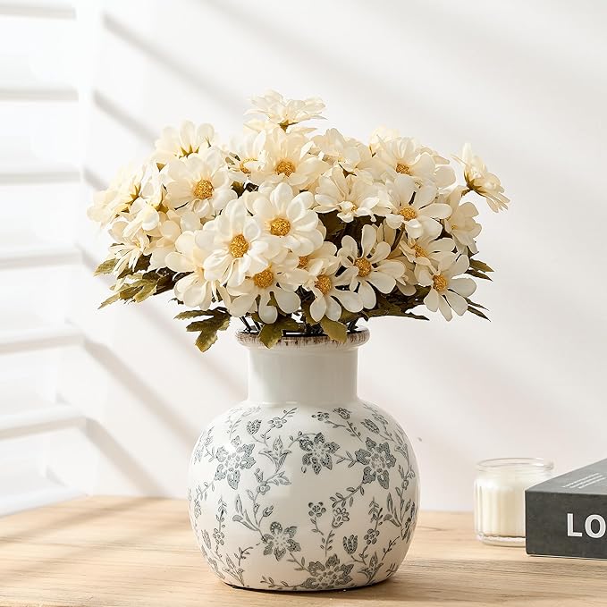 SIDUCAL Ceramic Vintage Vase, 5.91 Inch Retro Ice Cracked Chinoiserie Floral Vase, Rustic Farmhouse Vases for Home Decor, Bookshelf, Garden, Chinoiserie Decor, Tuscan Decor, Gray Floral Pattern