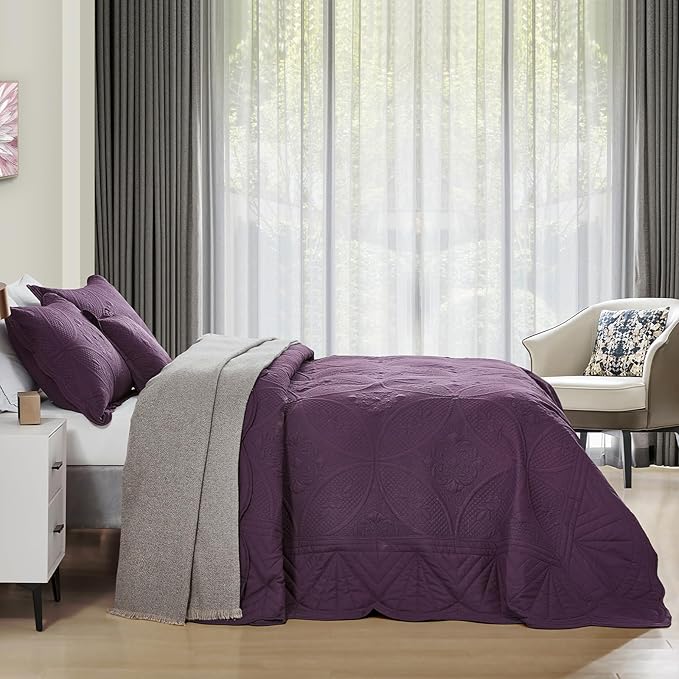 Oversized Bedspread - Queen Size Bedding Cover - Modern & Contemporary Coverlet Set, Real Stitching, Reversible, Lightweight, 5 Piece, Purple