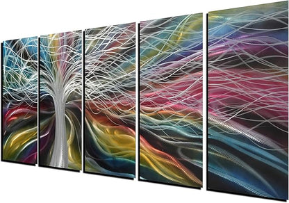 Unique Metal Wall Art with Colorful Fantastic Tree Design, Abstract Modern and Contemporary Décor, Metal Wall Sculpture, Silver Aluminum Artwork, Indoor and Outdoor decoration, 5 panels 64"x24"