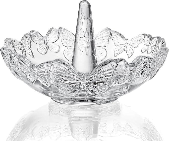 H&D HYALINE & DORA Clear Crystal Ring Holder with Butterfly Pattern, Engagement Glass Ring Dish Jewelry Holder for Rings Earrings Necklace Organizer
