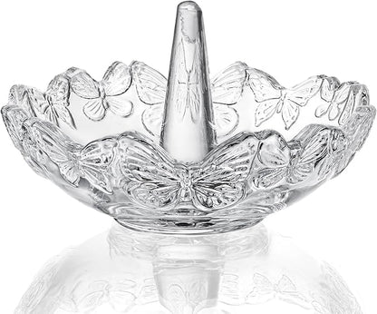 H&D HYALINE & DORA Clear Crystal Ring Holder with Butterfly Pattern, Engagement Glass Ring Dish Jewelry Holder for Rings Earrings Necklace Organizer