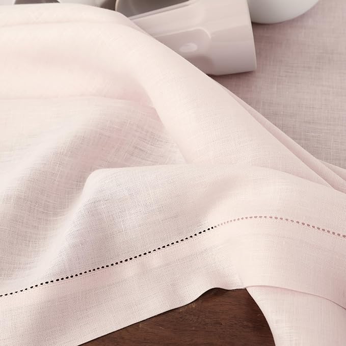 Solino Home Linen Placemats Set of 4 - Classic Hemstitch Pink Placemats 14 x 19 Inch - 100% Pure Linen Table Mats for Valentines