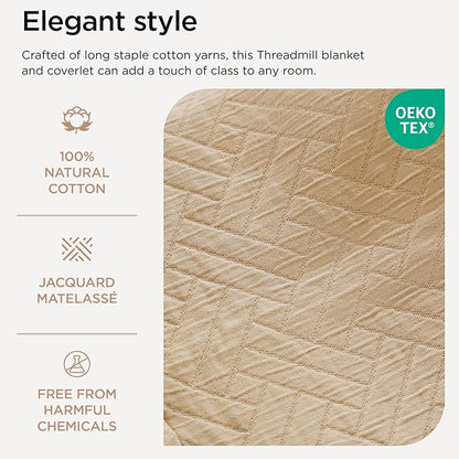 Threadmill Luxury Cotton Blankets for King Size Bed | All-Season Cozy 100% Cotton King Size Blanket | Criss Cross Jacquard Soft & Lightweight Coverlet fits California King Bed, 104x92 | Beige