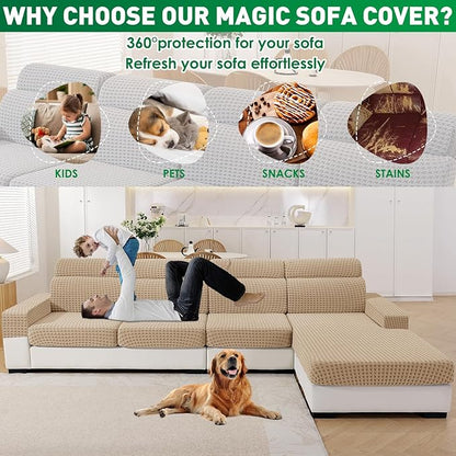 MAXIJIN Couch Cushion Covers for Sectional Sofa, Stretch Sofa Cushion Cover Washable Furniture Protector with Elastic Bottom & Non-Slip Strap for Pets Kids (1PC Seat Cover, Khaki)