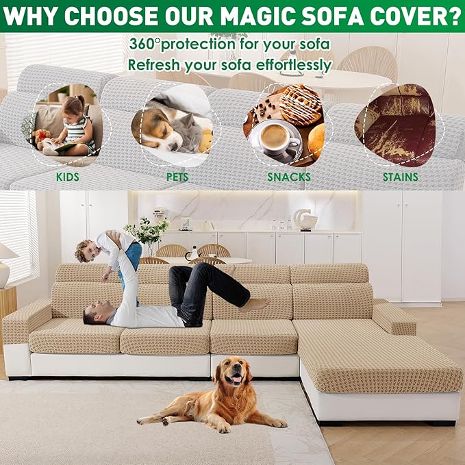 MAXIJIN Couch Cushion Covers for Sectional Sofa, Stretch Sofa Cushion Cover Washable Furniture Protector with Elastic Bottom & Non-Slip Strap for Pets Kids (1PC Chaise Cover, Khaki)