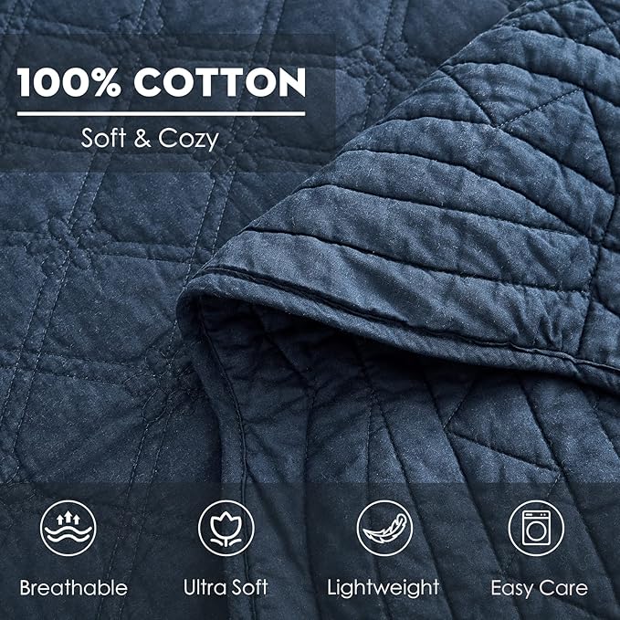 CHIXIN Cotton Bedspread Full Size - Real Stitching - Luxury Quilted Bedding Cover for All Season, Reversible, Ultra Soft, Lightweight, 3 Piece, Navy