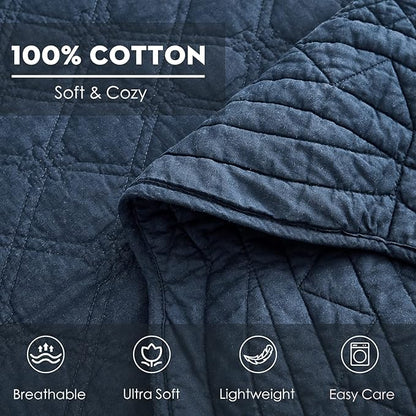 CHIXIN Cotton Bedspread Full Size - Real Stitching - Luxury Quilted Bedding Cover for All Season, Reversible, Ultra Soft, Lightweight, 3 Piece, Navy