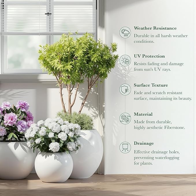 DTY Signature Mount Sherman 19.7''D x 21.7''H Modern Indoor Outdoor Fiberstone Sphere Planter, Durable Round Garden Pot, Weather Resistant, Drainage Hole & Rubber Plug - Large, White