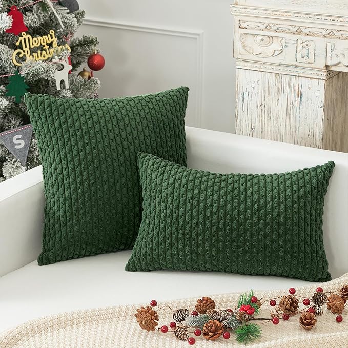 Kevin Textile Christmas Throw Pillow Covers 12x20 inch Soft Striped Decorative Cushion Cases with Hidden Zipper for Couch Sofa Bed 2 Pieces Dark Green