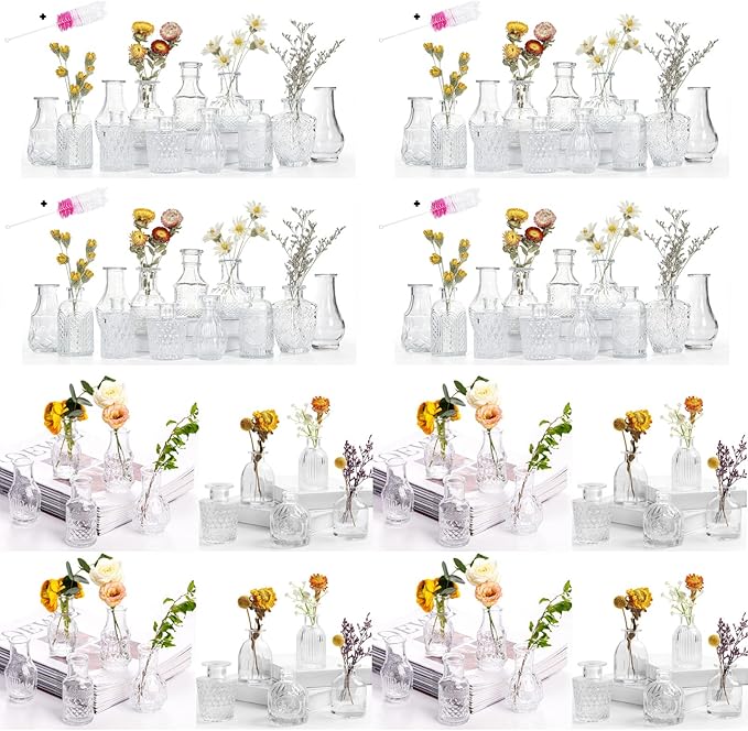 Glass Bud Vase Set of 88 Bud Vases in Bulk with 4 Brushes, Glass Vases for Centerpieces Cute, Vintage Wedding Decor Clear Bulk Mini Vase for Rustic Wedding Decorations, Home Table Flower Decor