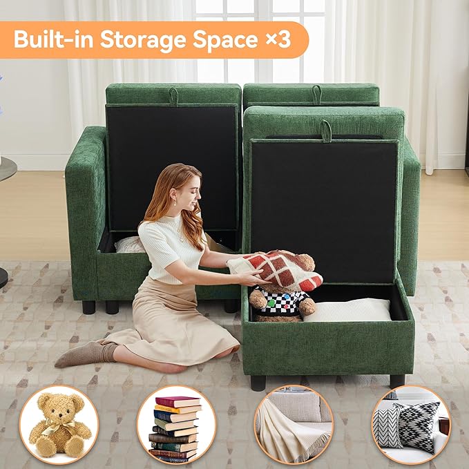 58”Modular Sectional Loveseat Sofa with Storage, Comfy Office L Shaped Sofa Couch, Chenille Love Seat Modular Sectional Couch with Movable Ottoman for Living Room, Bedroom, Dark Green