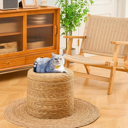 Wimarsbon Round Pouf Ottomans, Handwoven Natural Water Hyacinth Seagrass Pouffe,Outdoor Rattan Stool Accent Seat, Bohemian Coastal Home Decor (Storage - 18inch Natural Cattail)