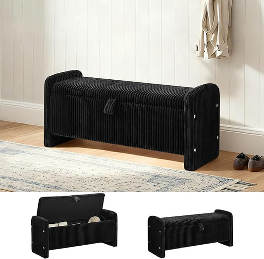 44" Storage Ottoman Bench, Upholstered End of Bed Storage Benches, Rectangle Ottoman with Storage for Bedroom, Entryway, Corduroy Black