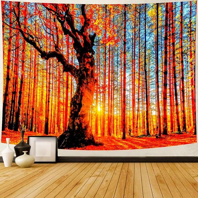 Delur Sunset Forest Tapestry Tree of Life Tropical Rainforest Landscape Tapestry Wall Hanging Scenic Nature Woodland Natural Sunrise Headboard for Bedroom Living Room Home Decor (70.8" x 92.5")