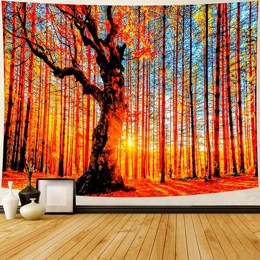 Delur Sunset Forest Tapestry Tree of Life Tropical Rainforest Landscape Tapestry Wall Hanging Scenic Nature Woodland Natural Sunrise Headboard for Bedroom Living Room Home Decor (70.8" x 92.5")