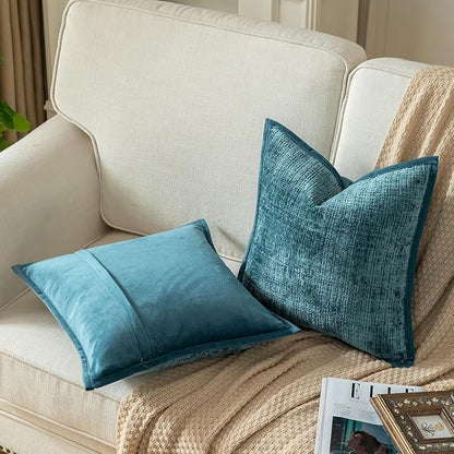 Yaertun Pack of 2 Chenille Textured Decorative Throw Pillow Covers Accent Solid Cushion Cover Soft Cozy Pillow Case with Velvet Back for Couch Sofa Bed Living Room 18x18 Inch Lake Blue