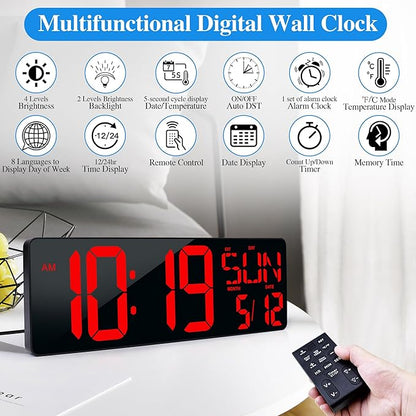 Large Digital Wall Clock with Remote Control 17.2" LED Large Display Timer with Temperature Date Week Auto DST Adjustable Brightness, Big Wall Alarm Clock for Living Room Office Garage Gym Seniors