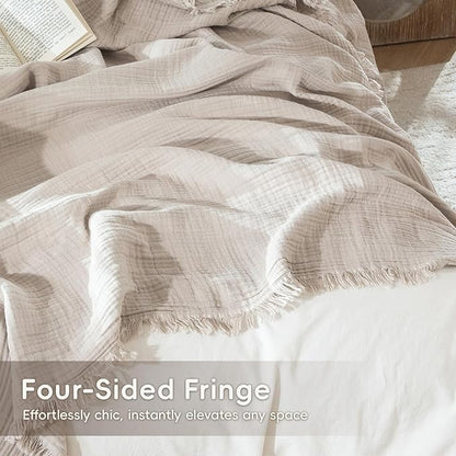 MooMee Muslin Blanket - 100% Cotton 4-Layer Gauze Throw Blanket with All-Around Fringe, Ultra-Soft Breathable Lightweight Cooling Decorative for Bed, Sofa & Couch (Cream Grey,King 104" x 90")