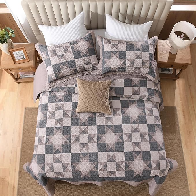 EWlinens 100% Cotton 120"x102" Oversized Queen Bedspread - Rustic Cabin Star Patchwork Plaid Extra Large Quilts Bedding Set, Farmhouse Oversized Queen Quilt Bed Spread, 3pcs, Brown/Charcoal Gray
