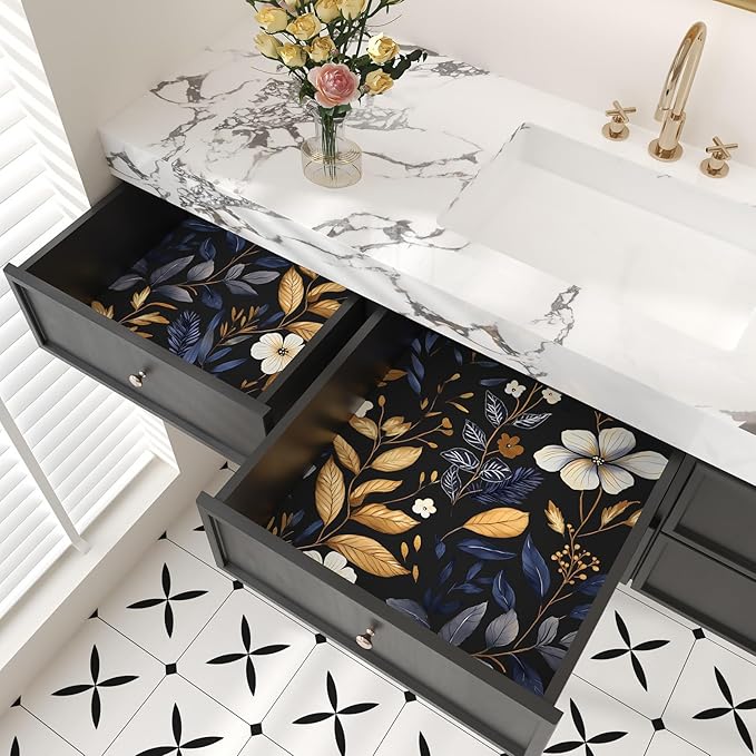Blue/Gold Leaf Wallpaper Peel and Stick Vintage Dark Floral Wallpaper Waterproof Self Adhesive Removable Boho Wall Paper Modern for Bedroom Walls Drawer Cabinet 17.5in x393in