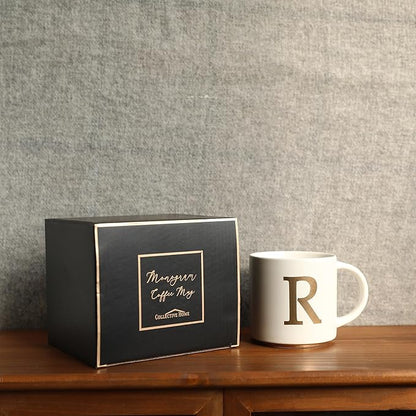 COLLECTIVE HOME - Monogram Ceramic Mugs, 15 oz Golden Initial Coffee Cups, Elegant Alphabet Tea Mugs, Elegant Personalized Mug with Gift Box, Unique Mug with Double Side Capital Letter (R)