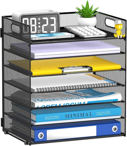 7-Tier Paper Organizer for Desk, Letter Tray with Handle Mesh Desk File Organizer, Workspace Organizers, Paper Sorter Organizer for Office Home School (Black)