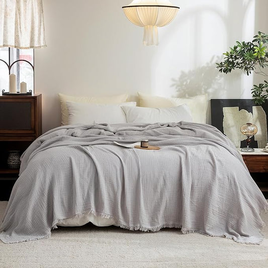 FOSSA Muslin Blanket with Fringe - 4-Layer 100% Cotton Gauze Super Soft & Breathable Throw -Lightweight Decorative Cooling Blanket for Bed, Sofa, Office (Grayish, Queen (90" × 90"))