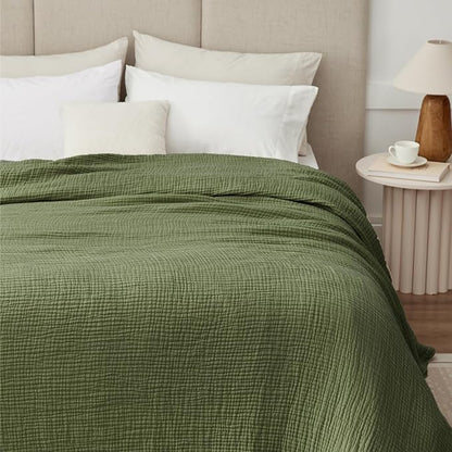 100% Cotton Muslin Blanket Queen 90" x 90", Breathable and Lightweight Cotton Throw Blanket for Bed, Soft Cooling Summer Gauze Blanket for Adults All Season, Olive Green