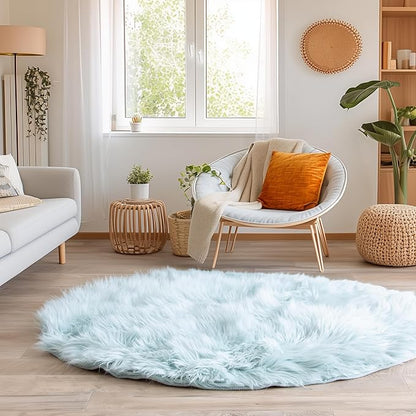 Super Area Rugs Ultra Soft & Fluffy Faux Sheepskin Rug, Teal 5 X 5 Round Carpet for Bedroom Living Room