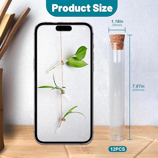 12pcs 10ml Glass Test Tube with Cork Stopper, 15x100mm Small Candy Storage Tube with Cap, Flat Bottom Tube, Plant Propagation Vase, Vial Set for Scientific Experiments Lab Liquid Party Decor
