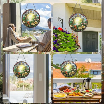 Rngmsi Wildflowers Stained Glass Window Hanging Decor, 7.8″ Floral Sun Catchers Stain Glass Window Hanging with Hook Indoor, Suncatcher Home Garden Art Gift for Thanksgiving Christmas Housewarming
