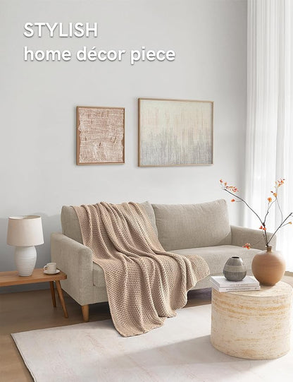 YnM Chunky Cotton Knit Throw Blanket, Cable Knit Throws for Bed Couch Sofa, Comfy & Relaxing, Decorative Piece for Farmhouse Modern Boho Rustic Scandinavian Chic Vibe, Beige 80x87 Inches