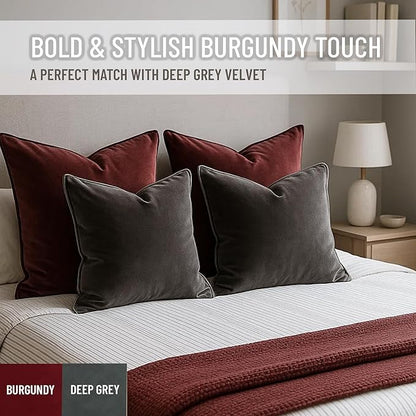 2 Pack Velvet Decorative Throw Pillow Covers, 20"x20", Deep Grey, Solid, Modern, Contrast Piping, Indoor Use, Bedroom & Living Room