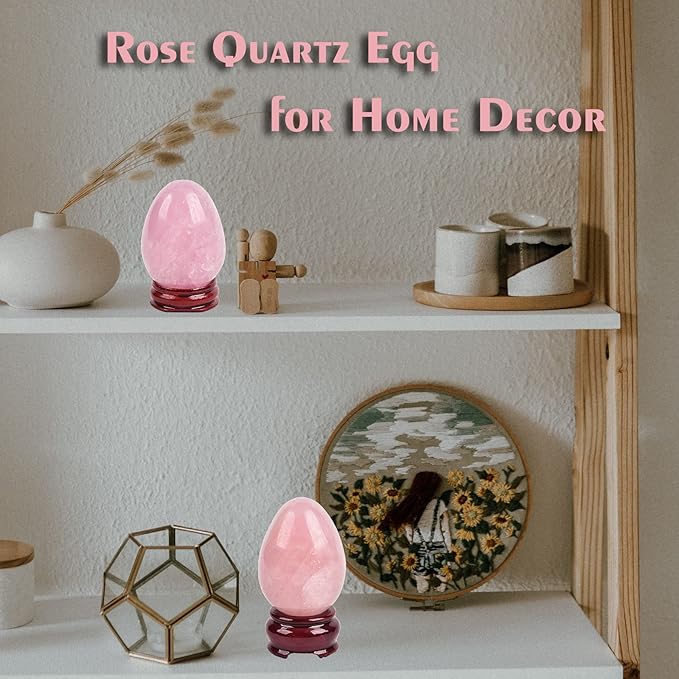 AMOYSTONE Easter Egg Natural Crystal Rose Quartz Gemstone Egg with Base for Home Decoration Stone Small, Height 2-2.3"