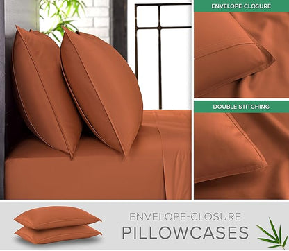 Queen Pillowcases by Pure Bamboo, Genuine 100% Organic Viscose Derived from Bamboo, Luxuriously Soft & Cooling, Double Stitching, Envelope Closure (2 Queen Pillowcases, Terracotta)