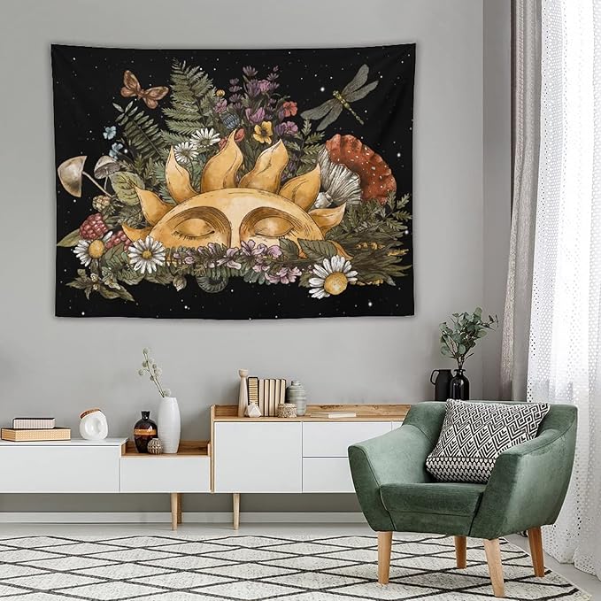 Vintage Sun Tapestry,Boho Hippie Mushroom Starry Floral Forest Plant Tapestries Wall Hanging for Dorm Living Room Bedroom Home Decor(60"x80")