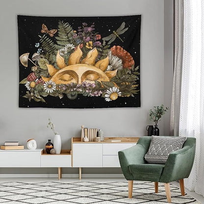 Vintage Sun Tapestry,Boho Hippie Mushroom Starry Floral Forest Plant Tapestries Wall Hanging for Dorm Living Room Bedroom Home Decor(60"x80")