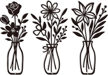 CarryWise 3 Piece Metal Flower Wall Art for Bedroom Living Room Rustic Farmhouse Floral Wall Decor for Bathroom Dining Room Boho Home Decorations Modern Minimalism Walls Hanging Sculptures(Black)