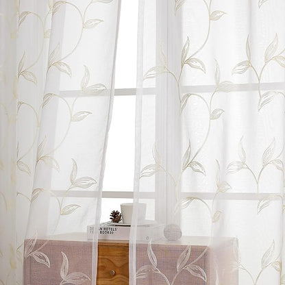 VISIONTEX Sheer Curtains 63 Inch Length 2 Panels Set Cream Beige Embroidered Floral Leaf Pattern Rod Pocket Semi Sheer Voile Window Curtains/Drapes for Bedroom Living Room 54 x 63 Inches