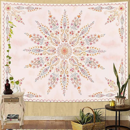 Fowocu Boho Floral Mandala Tapestry for Bedroom Aesthetic Pink Bohemian Flower Wall Tapestry Watercolor Hippie Indian Extra Large Tapestries Wall Hanging for Living Room Dorm Decor 90 x 68 Inch