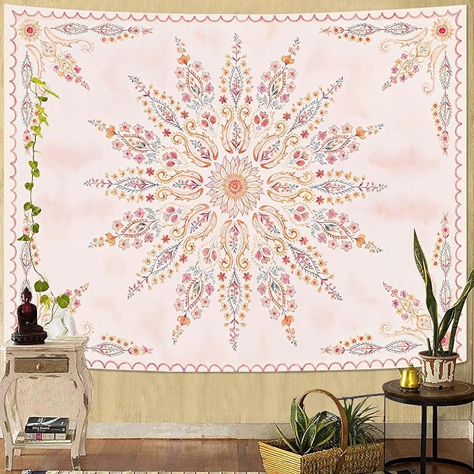 Fowocu Boho Floral Mandala Tapestry for Bedroom Aesthetic Pink Bohemian Flower Wall Tapestry Watercolor Hippie Indian Tapestries Wall Hanging for Living Room Dorm Decor 60 x 44 Inch