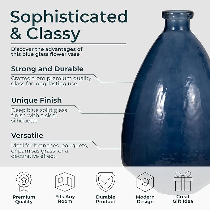 Opaque Glass Vase – Solid Modern Decorative Accent – Elegant Home Decor Centerpiece for Living Room, Bedroom, Office, or Entryway – Handcrafted Glass Flower Vase for Table or Floor – 19", Blue