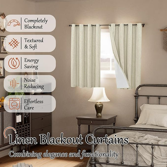 Lajode Short Blackout Curtains 45 Inch Length 2 Panels, Thermal Insulated Total Light Blocking Linen Window Curtains for Farmhouse Bedroom Basement, Bronze Grommet, Natural, Each 52" Wide